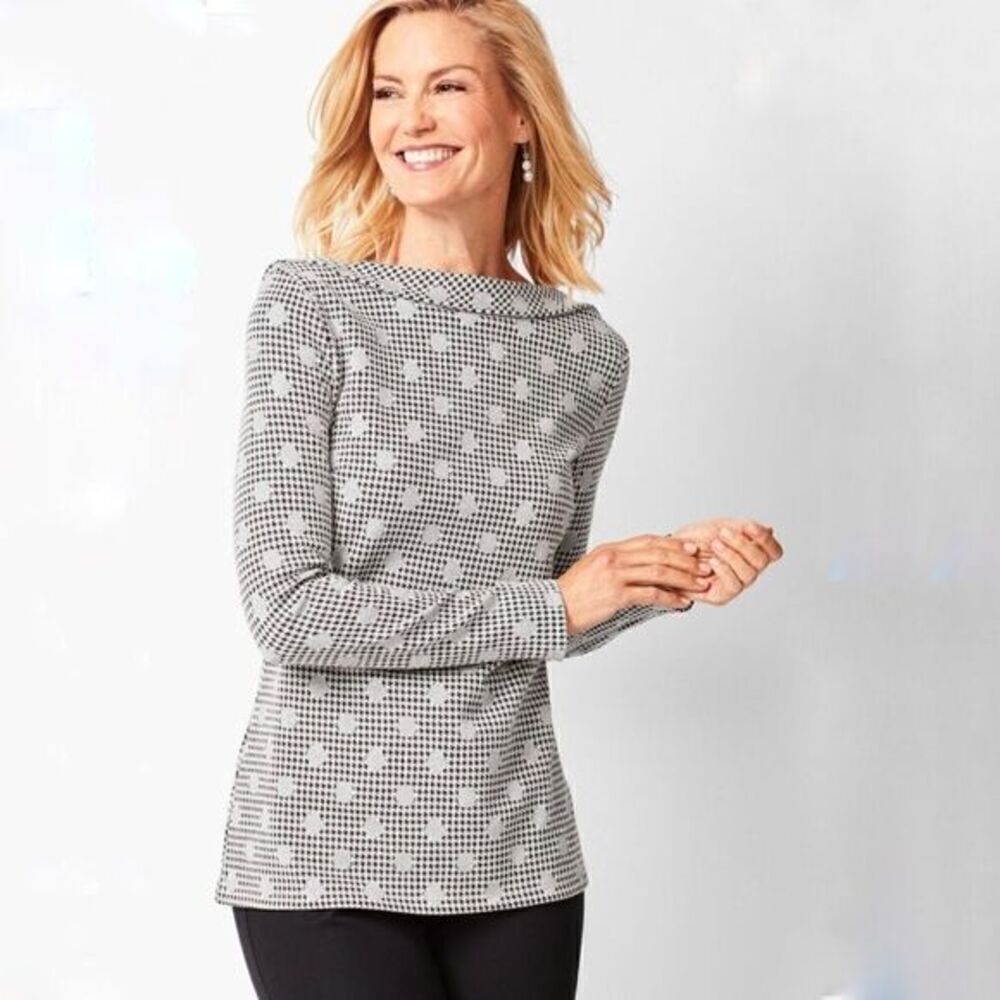 Talbots Jacquard Dot Houndstooth Boatneck Long Sleeve Knit Top Womenโs